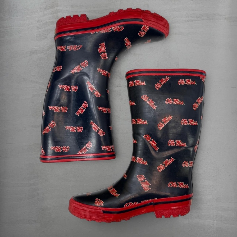 Vintage Ole‎ Miss Rebels Rain Boots Navy Red All Over Waterproof Women Size 6.5